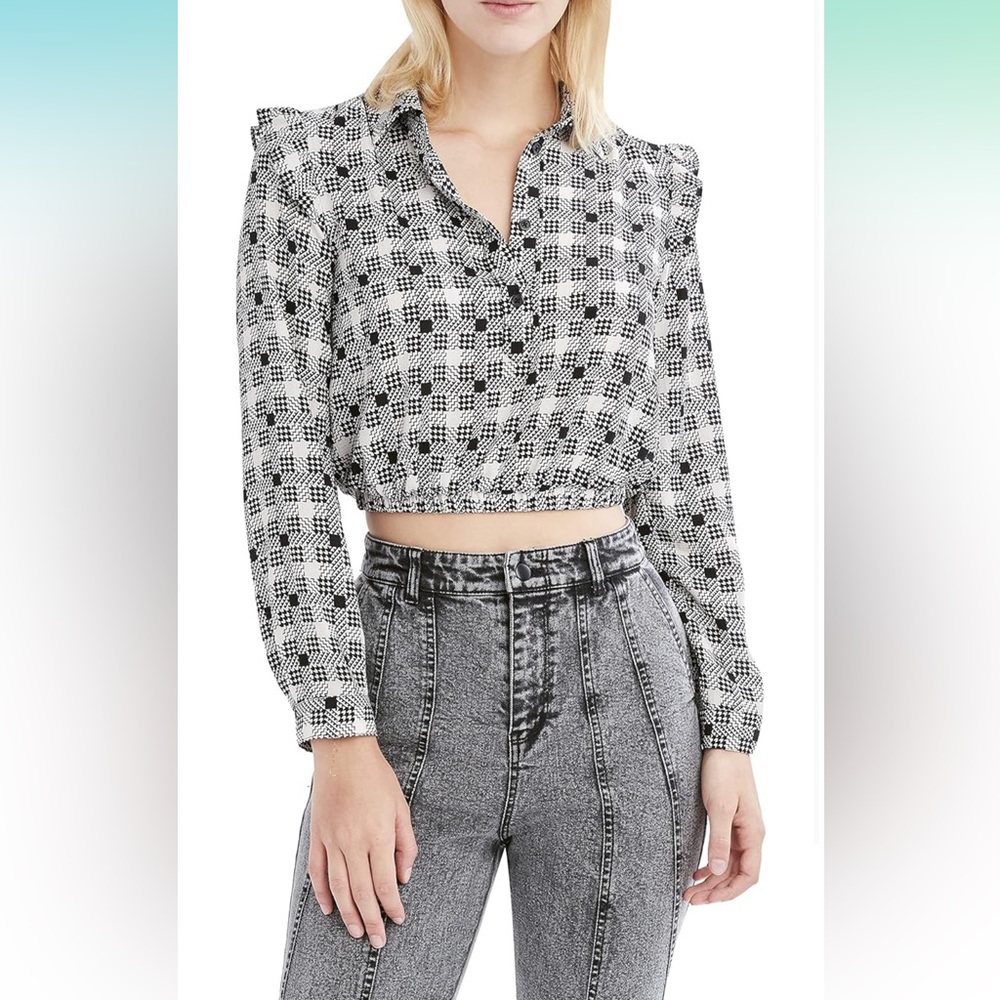 BCBGeneration plaid cropped blouse black white women’s size M ruffle shoulder
